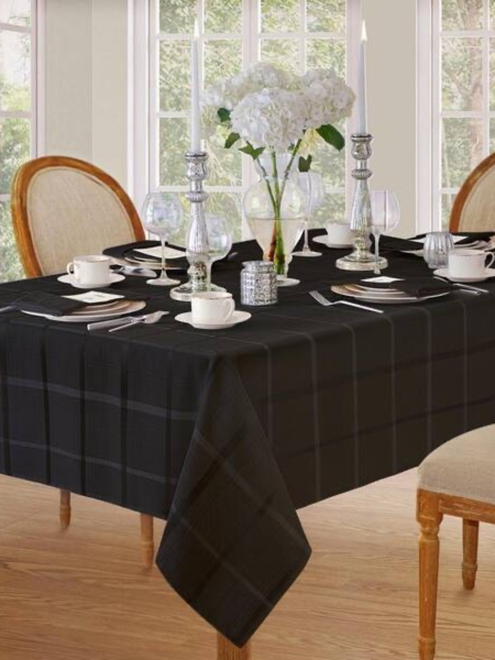 Black Plaid Tablecloth for Dining Table - Classic Solid Style